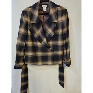 Worthington Stretch Brown Buffalo Plaid Wide Lapel Blazer Snap Wrap Jacket sz 16